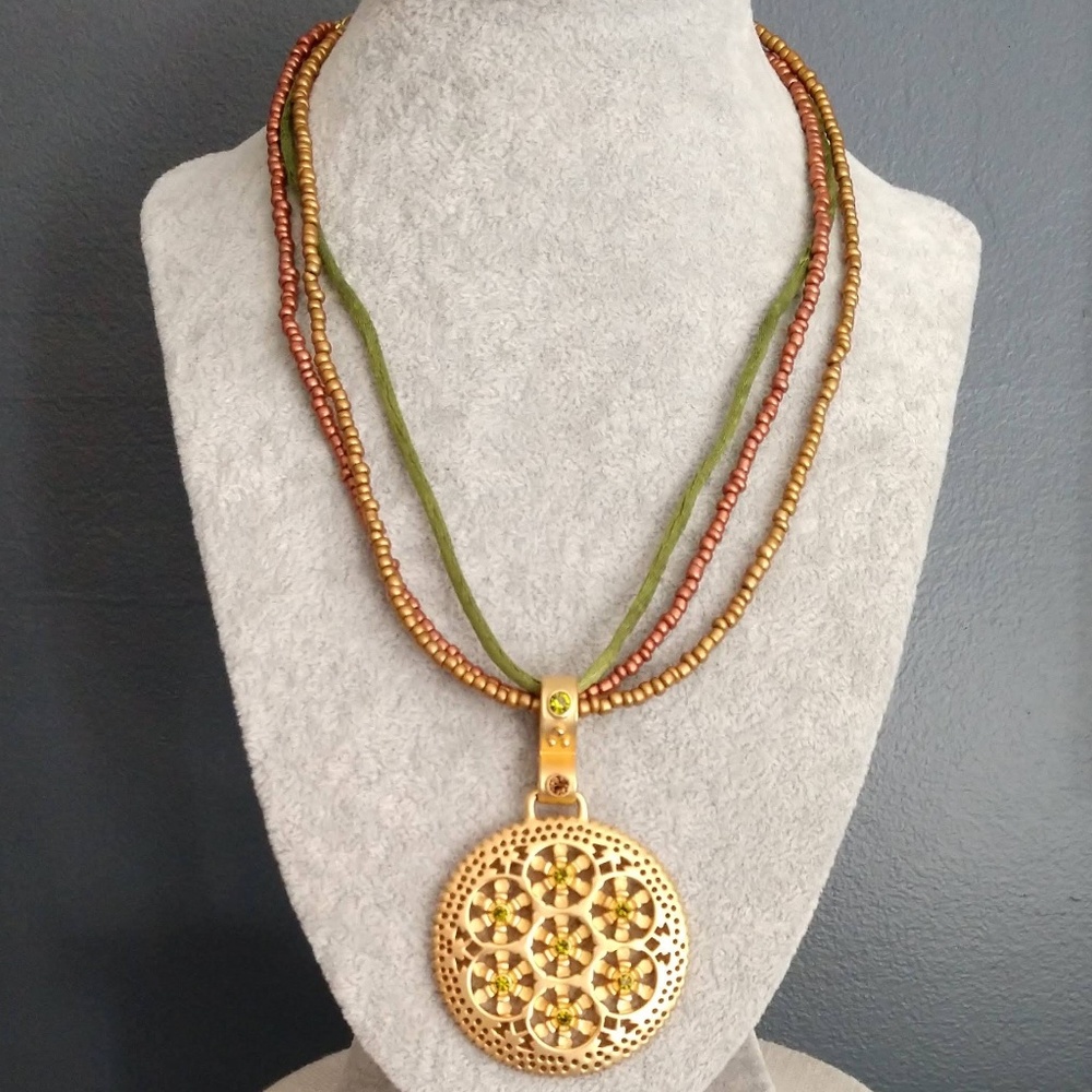 Gold pendant w/green and brown crystal necklace